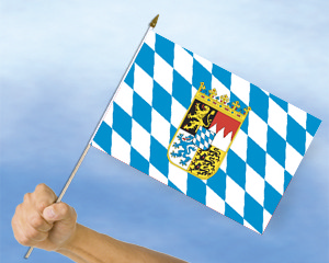 Stockflagge Bayern Raute mit Wappen (45 x 30 cm)-Fahne Stockflagge Bayern  Raute mit Wappen (45 x 30 cm)-Flagge im Fahnenshop bestellen