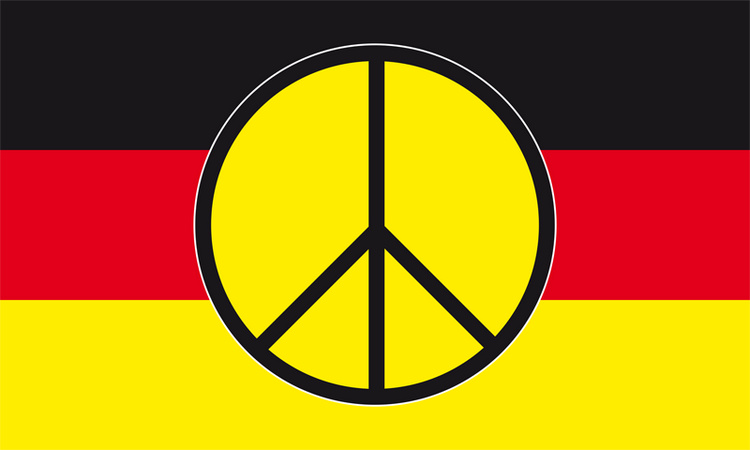 Friedensfahne Deutschland mit PEACE-Zeichen-Fahne Friedensfahne Deutschland  mit PEACE-Zeichen-Flagge im Fahnenshop bestellen